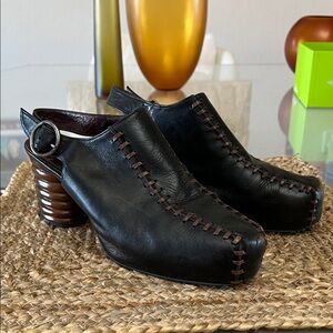 Shellys London Black Leather Mules with Brown Accents